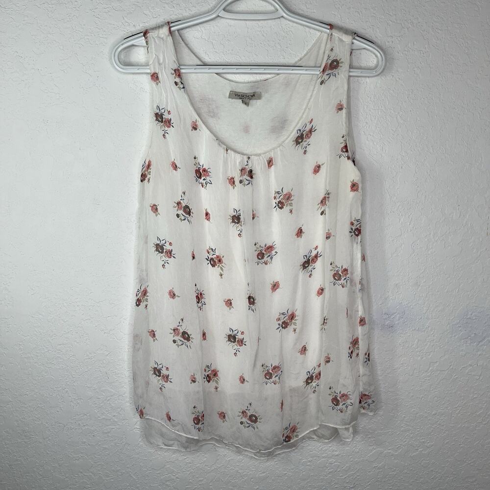 Via SIGNORIA Floral 100% Silk Lined Sleeveless Blouse Size S, Comfy, Casual